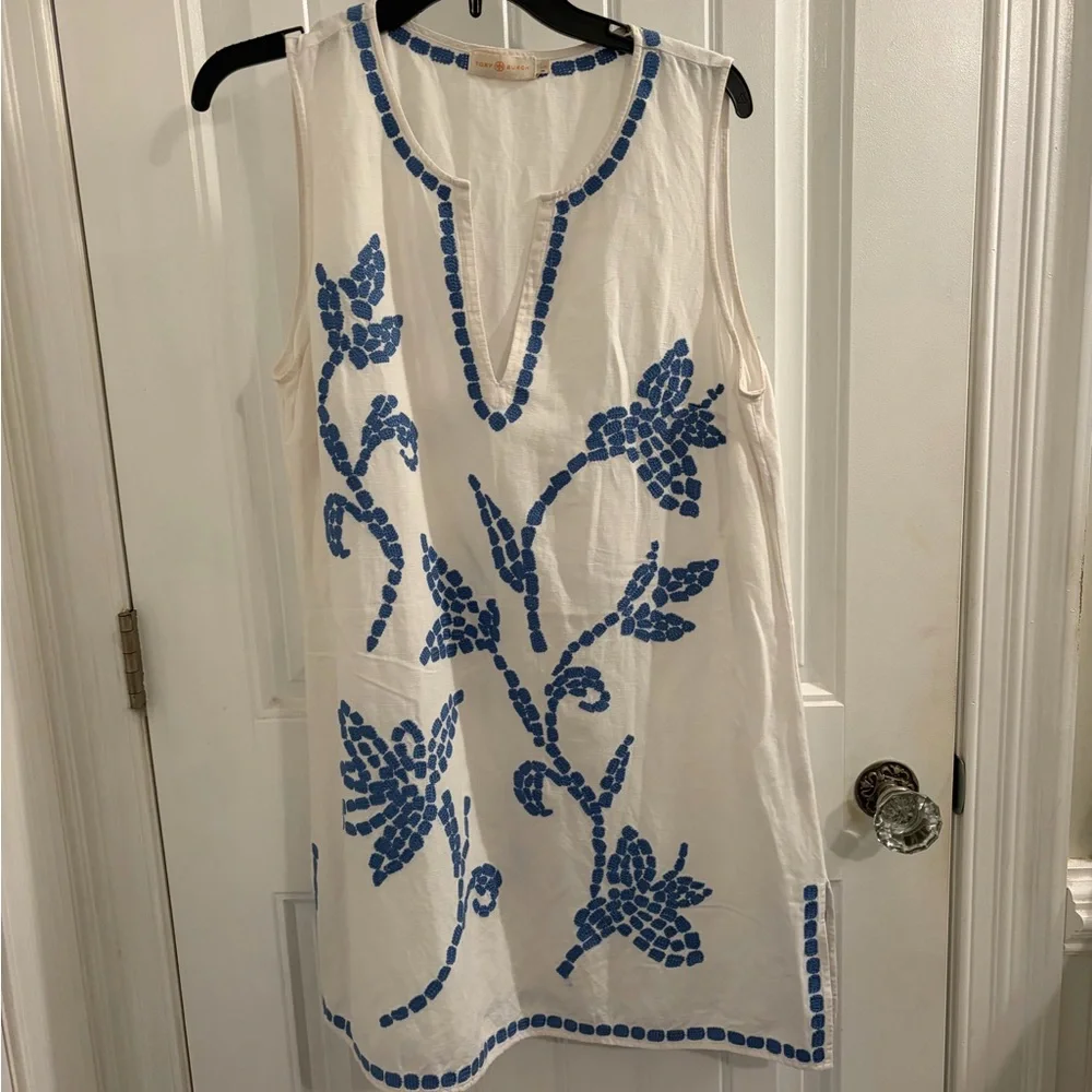 Tory Burch White Sleeveless Mini Dress with Blue Embroidery